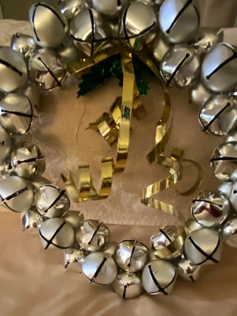 Silver Jingle Bell Holiday Wreath with Gold Ribbon